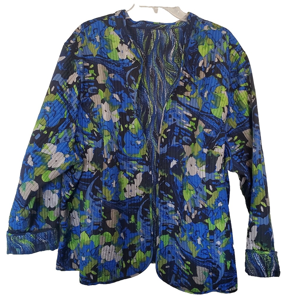 Womens Blue Green Abstract Floral Quilted Open Front Jacket with Contrast Cuffs
